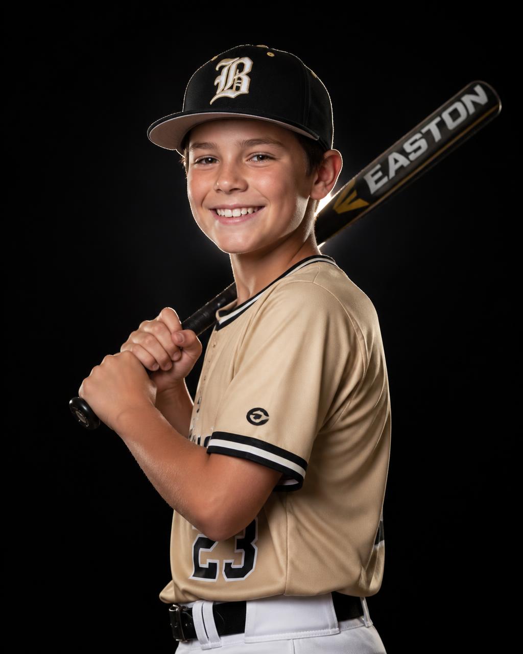 Little League baseball player portrait with bat on shoulder